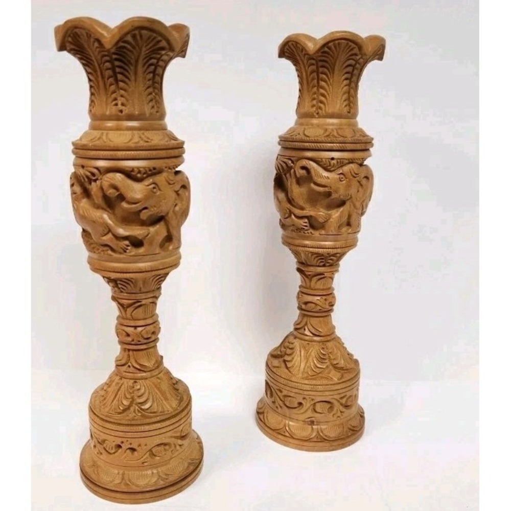 2 Wooden Flower Vase Big  Elephant Lion Hand Carve Vintage Home Garden Decor Art